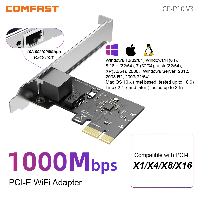 Comfast PCI-E RJ45 Lan Adapter Converter Network Controller Card Dual Band 2.4G/5GHz 802.11AC For Desktop Windows/Linux/Mac OS