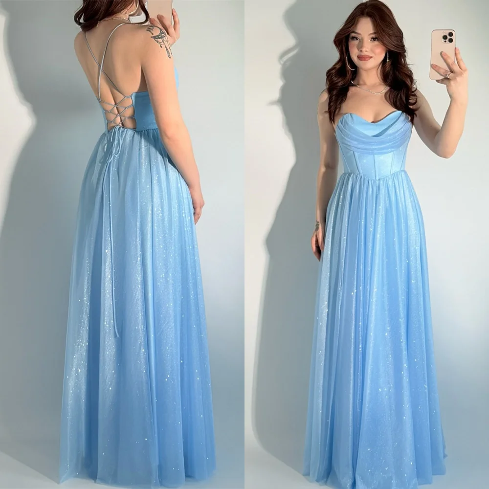 

Customized Luxury Blue Organza Evening Dresses Classic Strapless Homecoming Dresses Sexy Lace Up Back Special Occasion Gowns