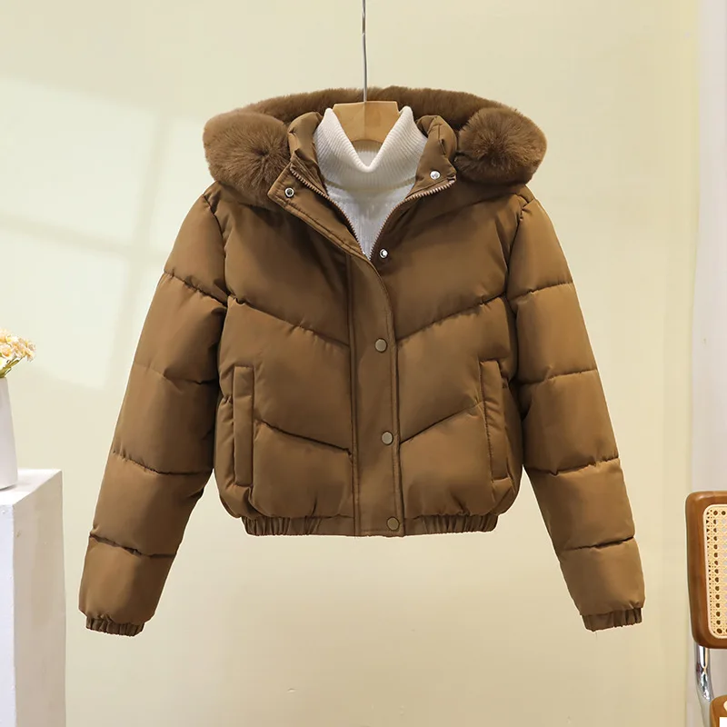Winter Short Parkas Women's Cotton-padded Clothes Add Velvet Thicken Outerwear Fur Collar Removable Hooded Coats Warm Jackets