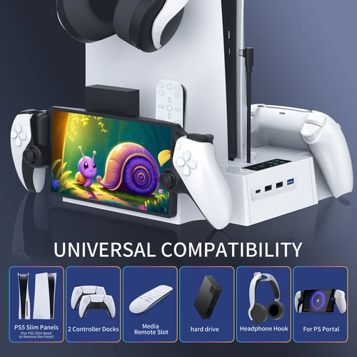 Imagen 2 del producto Soporte y estación de refrigeración PS5/Slim/Pro con estación de carga de controlador LED para consola PS5, cargador de controlador, soporte de refrigeración,