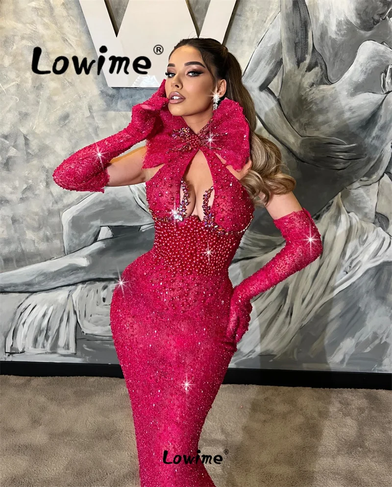 2024 Couture Aso Ebi Crystal Beaded Mermaid Prom Dress Sequined Hot Pink Sexy Party Dress For Weddings Sparkly Celebrity Dresses