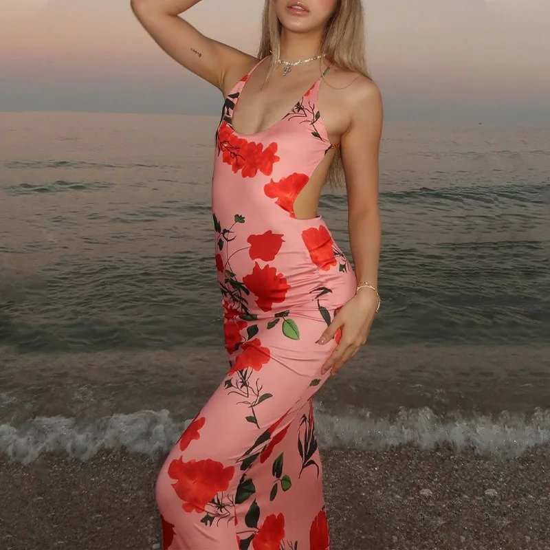 

2024 Summer Elegant Sexy Backless Floral Printed Long Dress Women Spaghetti Strap Sleeveless Spicy Girls Vacation Beachwear Robe