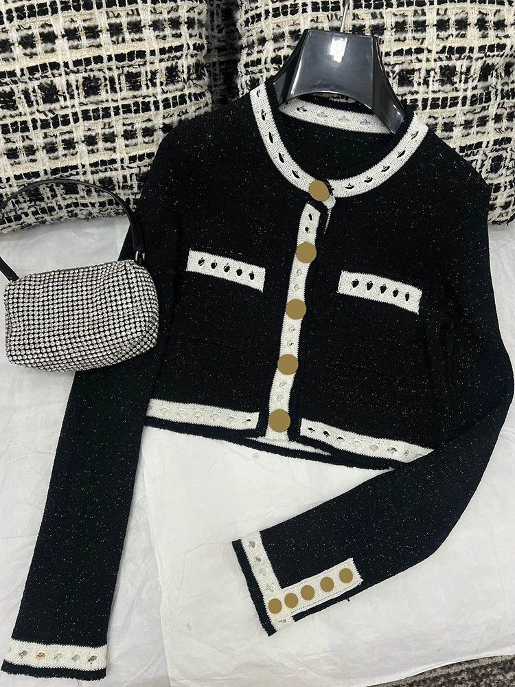 

Fashion Designer Autumn Black Knitting Short Style Cardigan Women O-Neck Hollow Out Multi Button Long Sleeve Sweaters