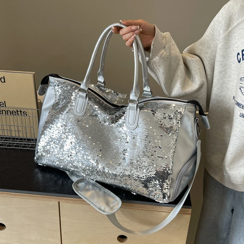 Large Capacity Travel Bag Luxury Silver Sequined Handbag For Women Fashion Dry Wet Sports Shoulder Crossbody Bag Storage Tote