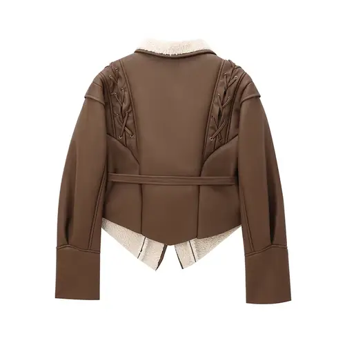 Winter Women Streetwear Parka Faux Lamb Leather Fur Short Jacket with Belt Moto Biker Thick Warm Sheepskin Coat Outwear - Image 6