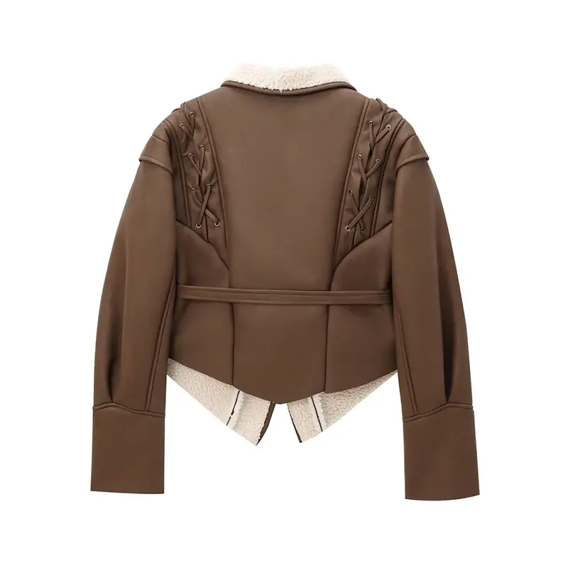 Winter Women Streetwear Parka Faux Lamb Leather Fur Short Jacket with Belt Moto Biker Thick Warm Sheepskin Coat Outwear - Image 6