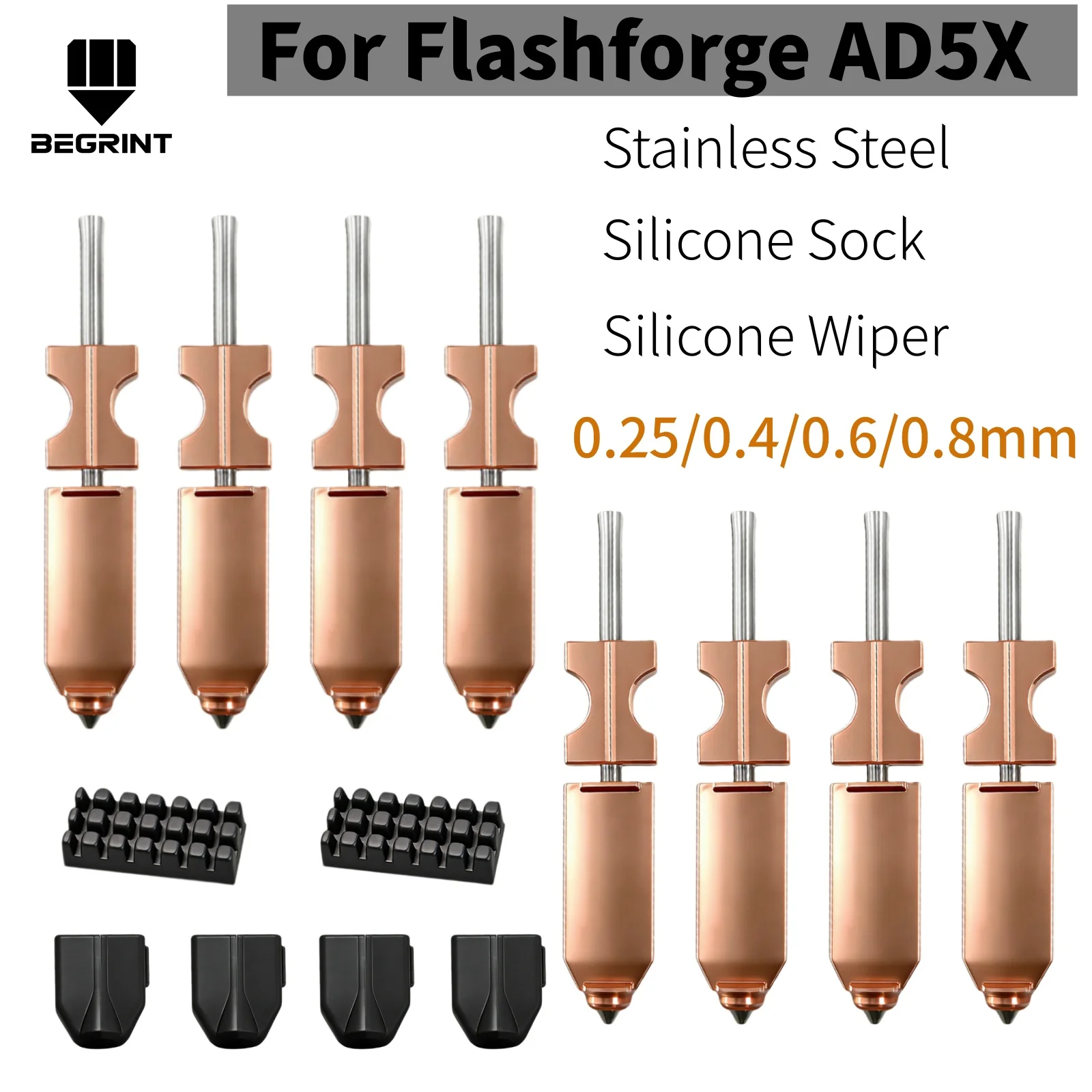 For Flashforge AD5X Nozzle Kit 0.25-0.8mm Silicone Sock + Cleaning Brush Hotend Replacement Parts For Flashforge AD5X3D Printer