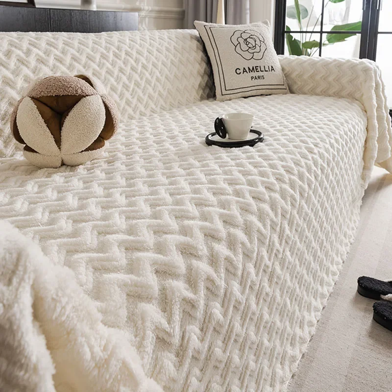 Solid Corrugated Jacquard Sofa Towel Super Soft Thick Warm Knee Blanket for Home Office Full Cover Easy-Care Corner Couch Covers