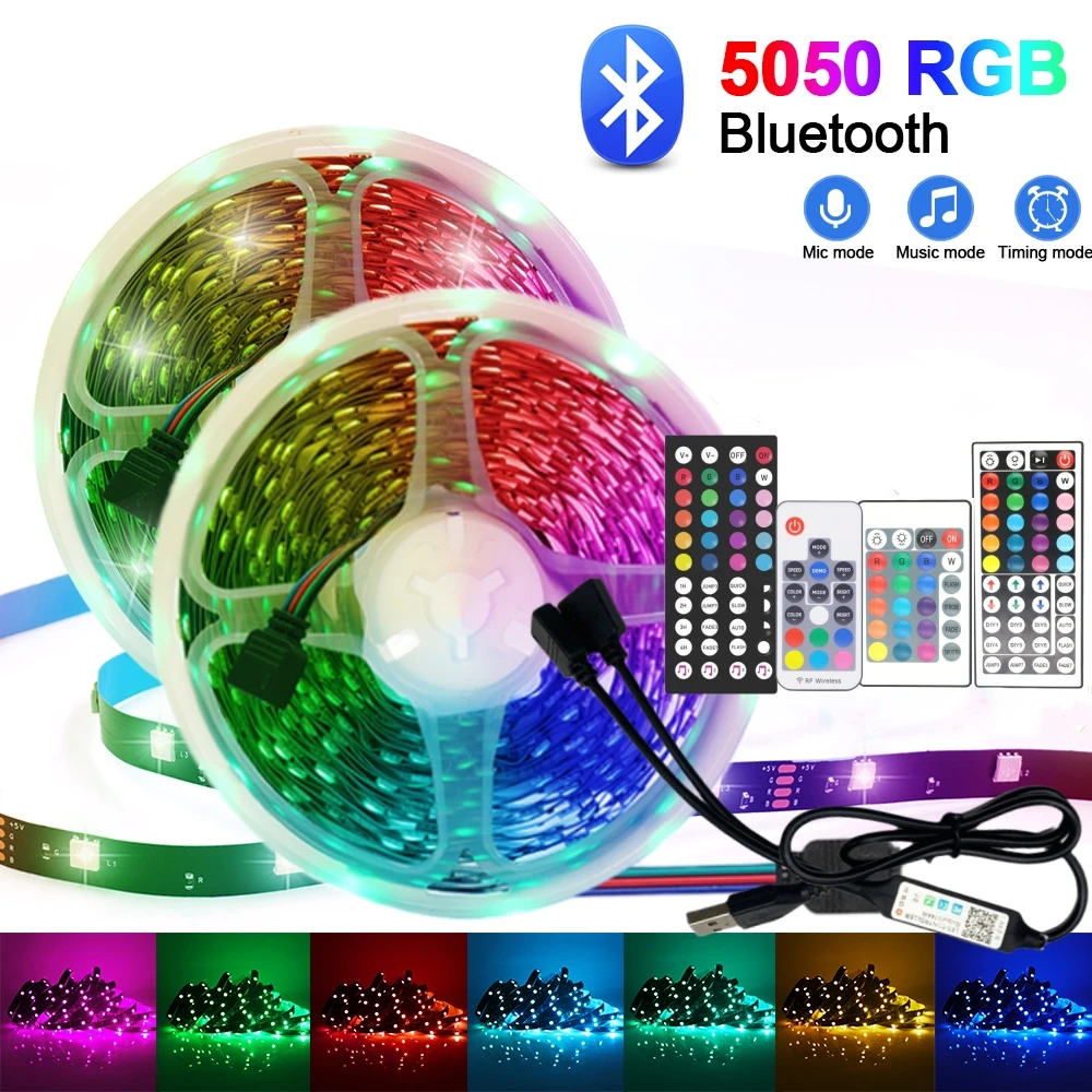 1-20M RGB 5050 Led Strip Lights 5V USB 17/24/44Keys Bluetooth Music Sync Flexible Tape For Room Party TV Desk Bedroom Decoration