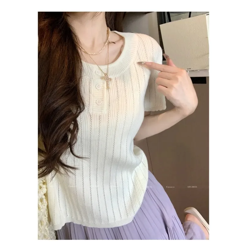Women's Cream Knit Top Crew Neck with Button Placket Slim Fit