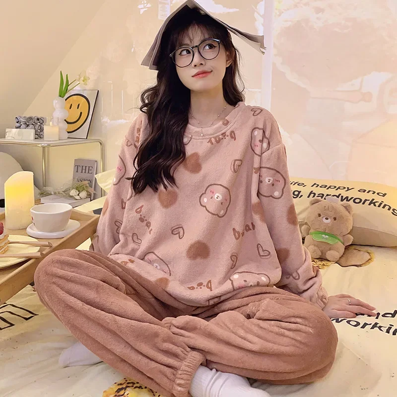 Cute Kawaii Pajama Sets Winter Women Two Pieces Cartoon Print Flannel Warm Long Sleeve Pullover Pants Loungewear Soft Nightwear