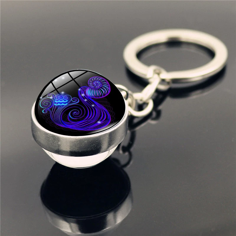 Popular Nightlight 12 Constellation Keychain Double Side Glass Cabochon Ball Keychain Zodiac Signs Jewelry for Women Men Gift