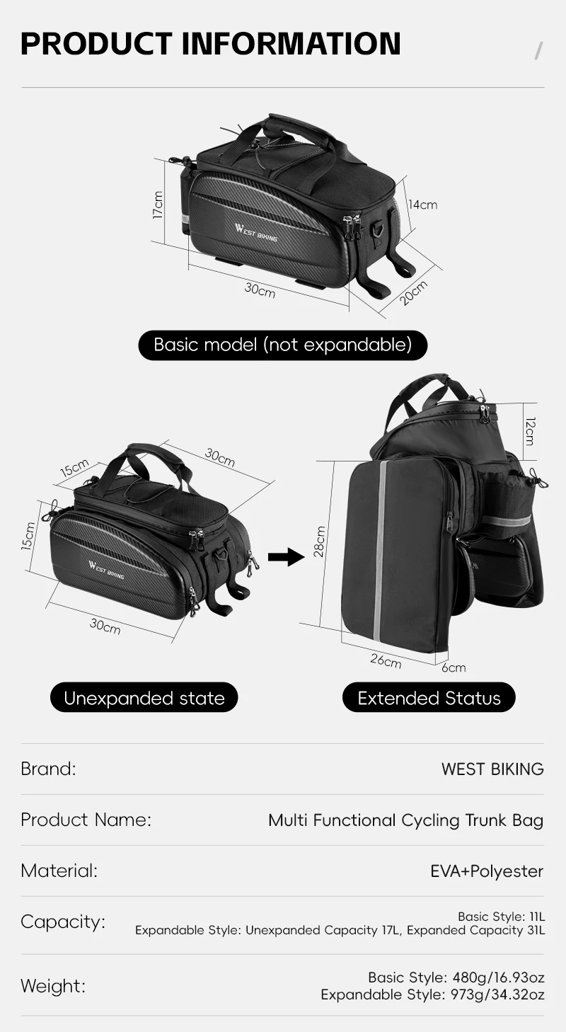 WEST BIKING Multifunktionale Fahrrad-Gepäckträgertasche 17/31L Erweiterbare Hartschalen-MTB-Fahrrad-Heckträgertasche Wasserdichte Schultertasche – Detail 3