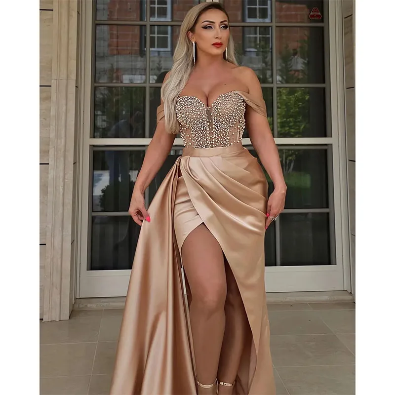 

Sexy Champagne Prom Dress Beaded Evening Formal Party Second Reception Birthday Bridesmaid Engagement Gowns Robe De Soiree