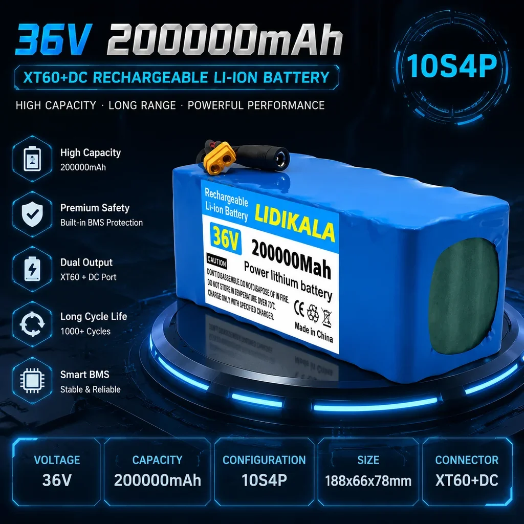 Batterie rechargeable au lithium-ion 10S4P 36V 200Ah 200000mAh 18650 avec protection BMS intégrée, batterie de remplacement pour scooter électrique et vélo électrique