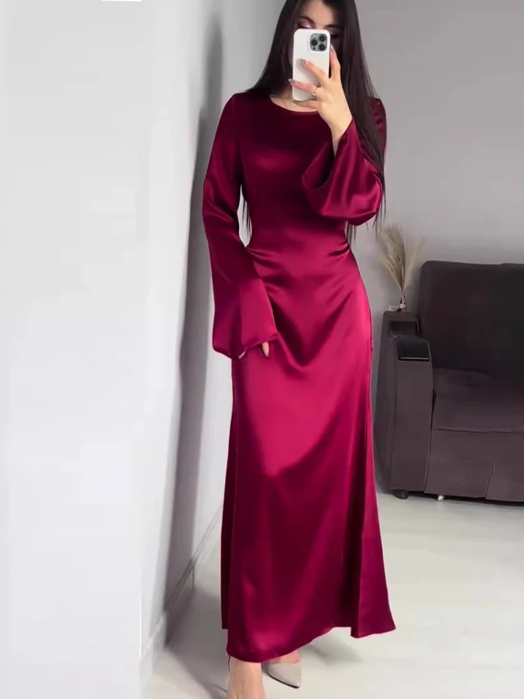 Glänzende elegante Satin hohe Taille Frauen Maxi kleid Glocken ärmel schnüren schlanke Bankett Meerjungfrau Bodycon Kleider pochen im Herbst