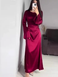 Tossy Elegant Satin High Waist Women Maxi Dress Bell Sleeve Lace Up Slim Banquet Mermaid Bodycon Dresses Throbbing in Autumn