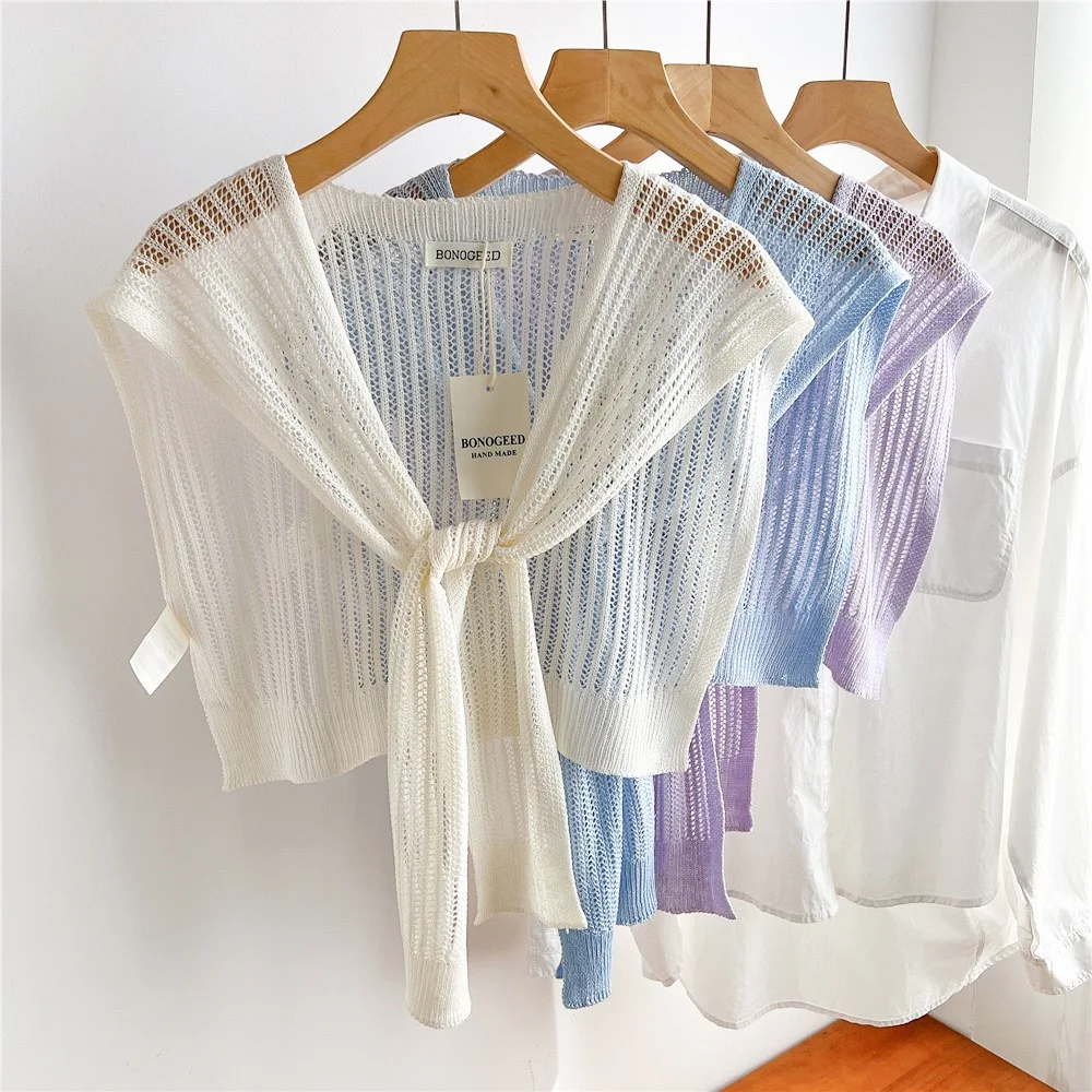 

Women Plain Solid Lace Hollow Out Shawls Summer Air Conditioning Fake Collar Neck Guard Knit Thin Knotted Cape Shoulder Scarves