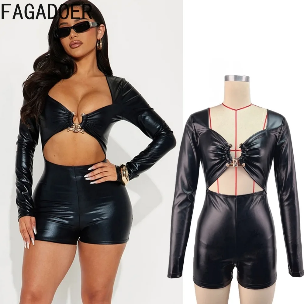 FAGADOER Mode Leder Bodycon Strampler für Frau Einfarbig Hohl-out Lange Ärmel Strampler Weibliche Streetwear Overalls 2025