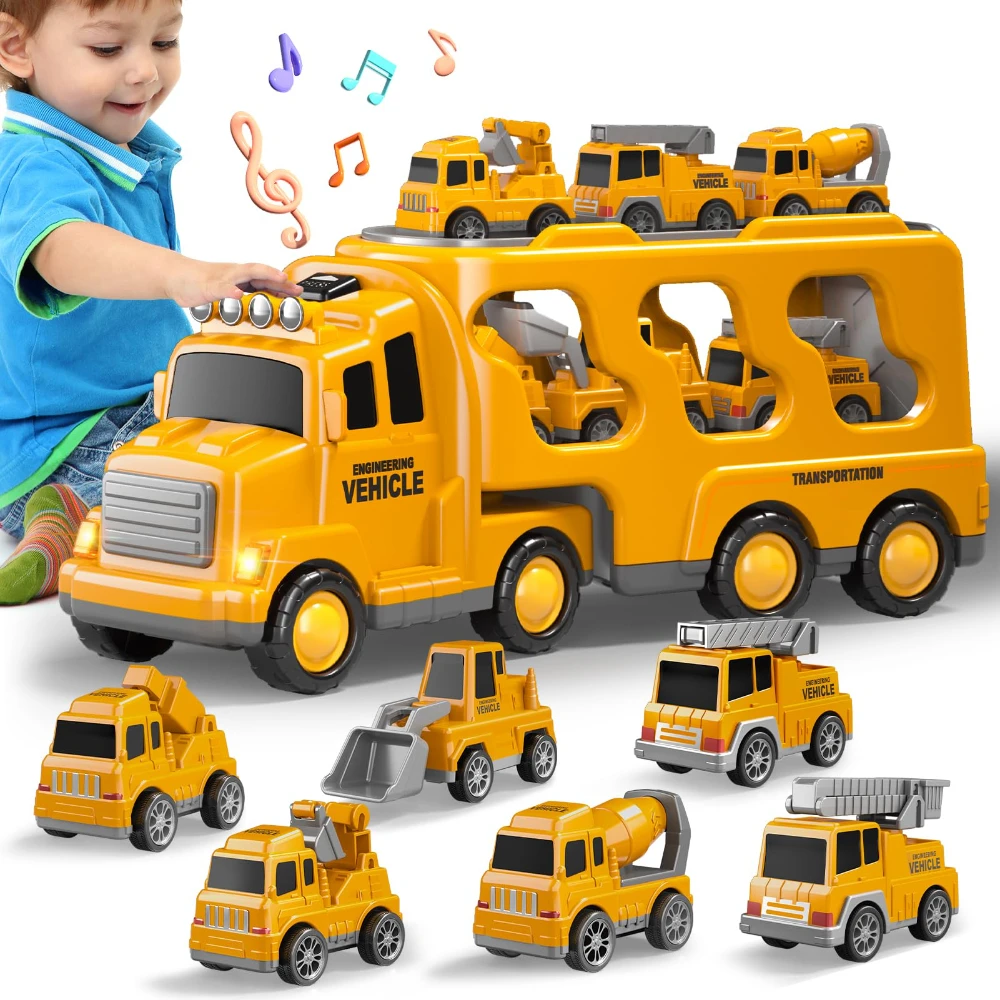 WizKidz 7 em 1 caminhões de construção carros brinquedos para crianças menino carro caminhão brinquedos com som leve presentes de aniversário para 3 + anos de idade menino