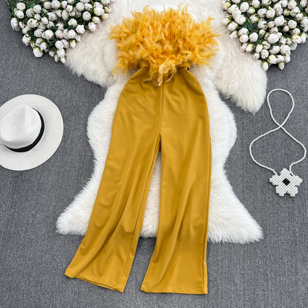 Ele Feather Tassel ter One-Piece Pants High Waist Slimming Straight Leg Summer Faion Luxury Sensation Jumpsuit