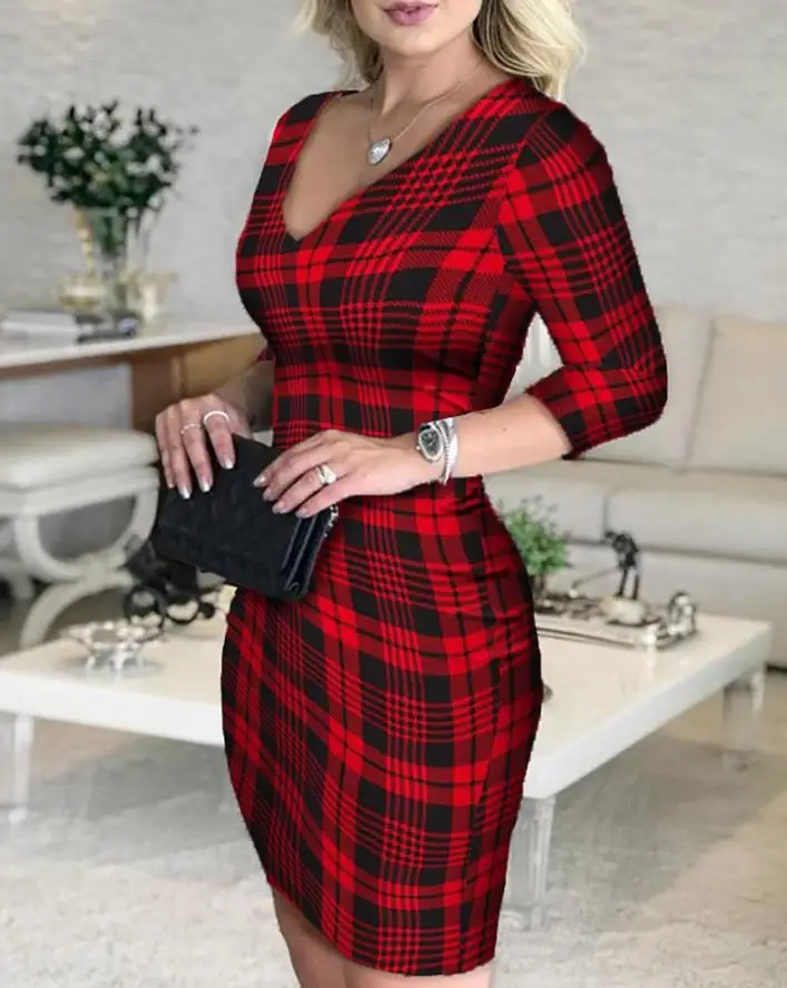 

Women's Retro Dress Plaid Sexy Plunge Long Sleeve Bodycon Mini Dress 2024 Spring/summer Latest Elegant Skinny Work Short Skirt