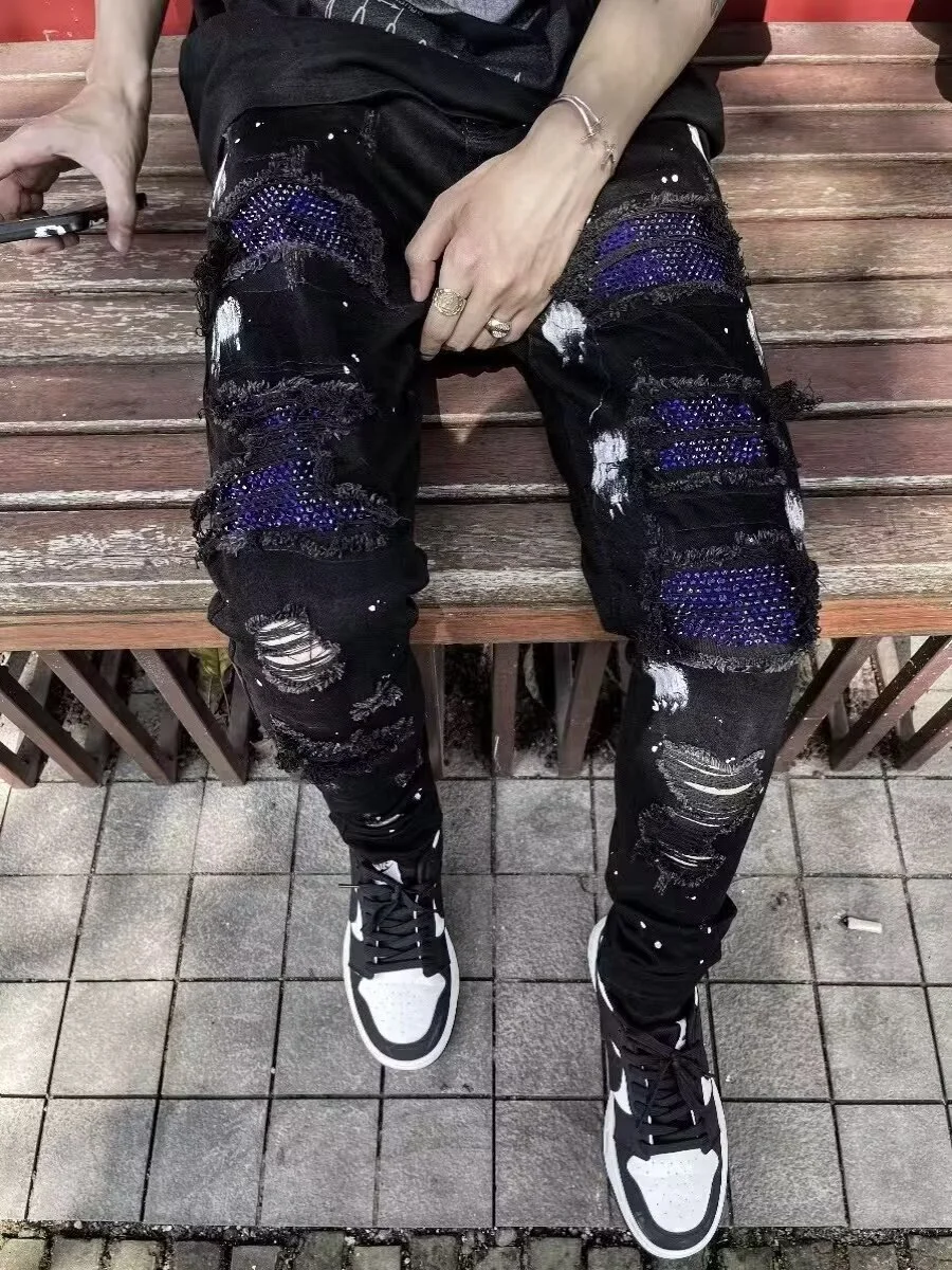 Trendy Men's Black Hole Denim Jeans Blue Rhinestone Heavyweight Casual Long Pants Fashionable Slim Fit Straight Leg Jeans