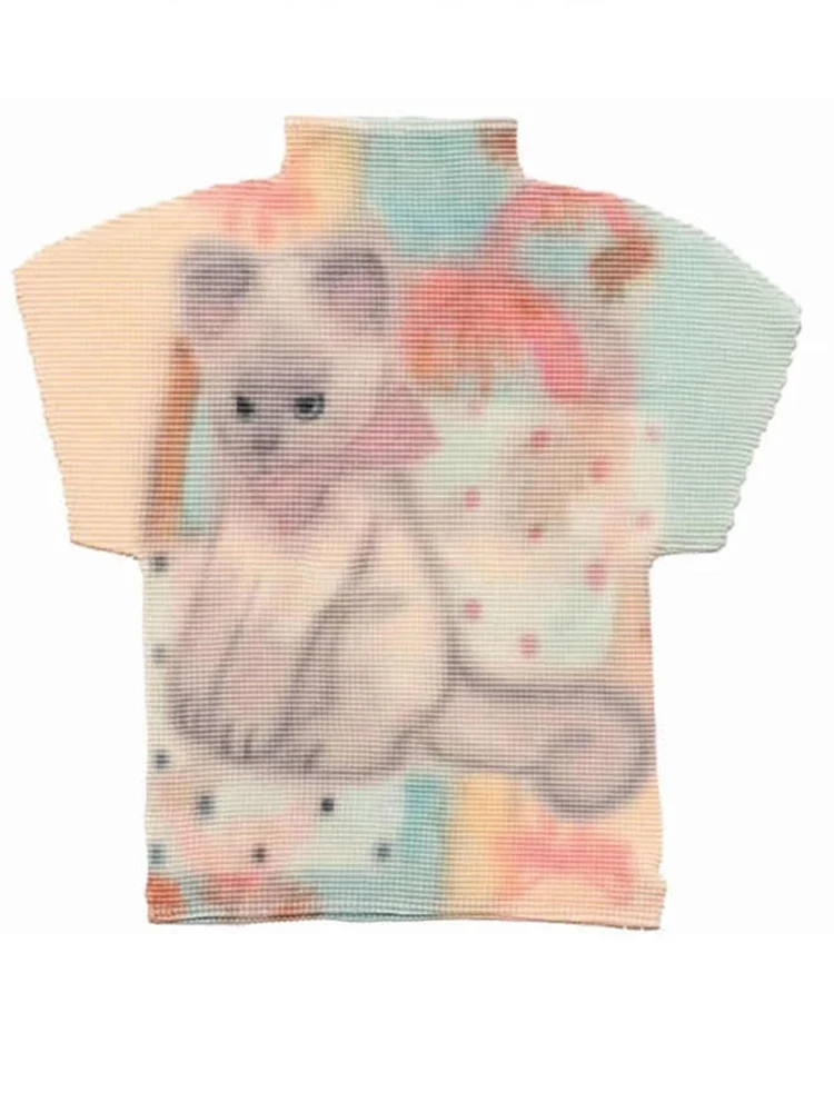 Y2K Buntes Katzen-Graffiti T-Shirt Damen Sommer Halbhoher Kragen Kurzärmeliges Niedliches Plissiertes Eng Anliegendes Kurzes Oberteil