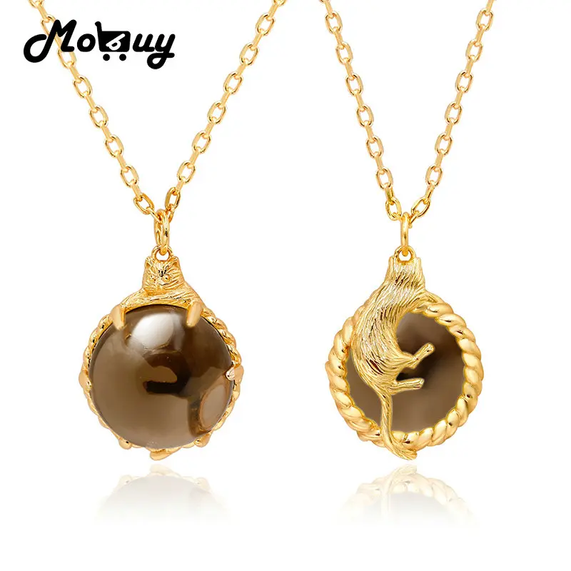 MoBuy 3d Cute Cat Pendant Necklace For Women Natural Smoky Quartz Gemstone 925 Sterling Silver Gold Vermeil Jewelry Girl Gift