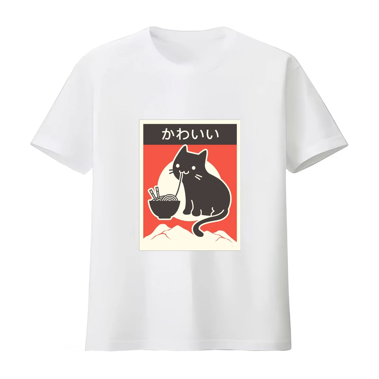Japanese Ramen Cat Kawaii vintage style T-Shirt Summer Casual Cotton Tee Oversized Streetwear Tops Vintage Graphic Print