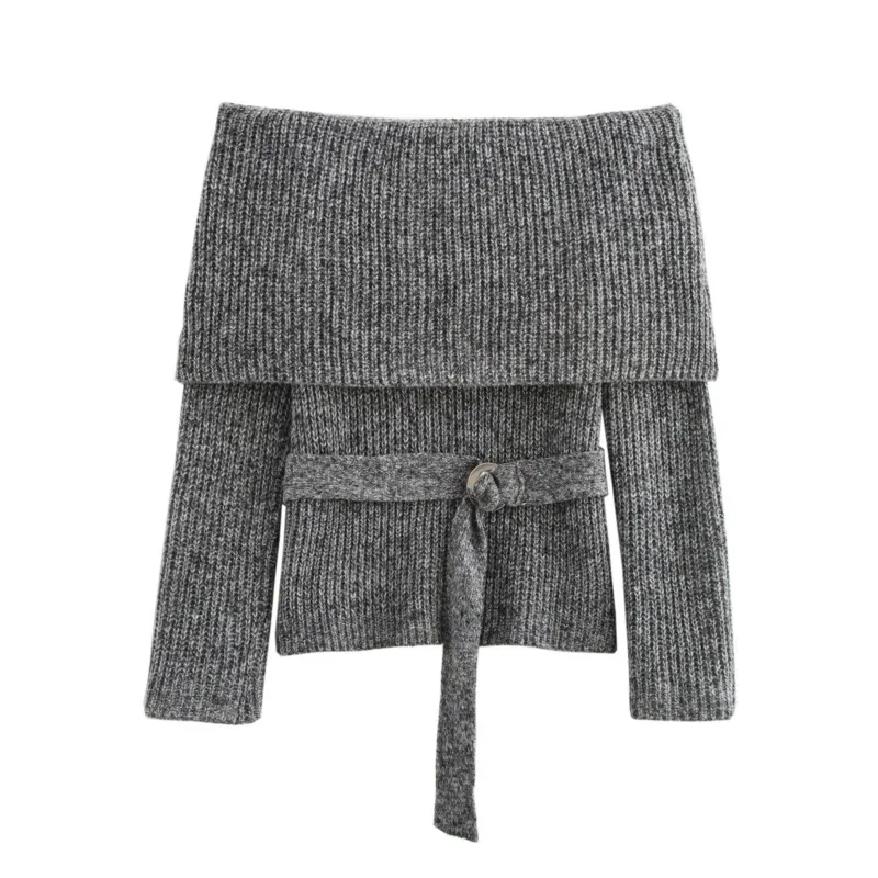 TRAF Women Belt Short Pullovers Clothing Autumn Strapless  Knitted Elastic Sweater Rib Collar Pullovers Female Pullovers