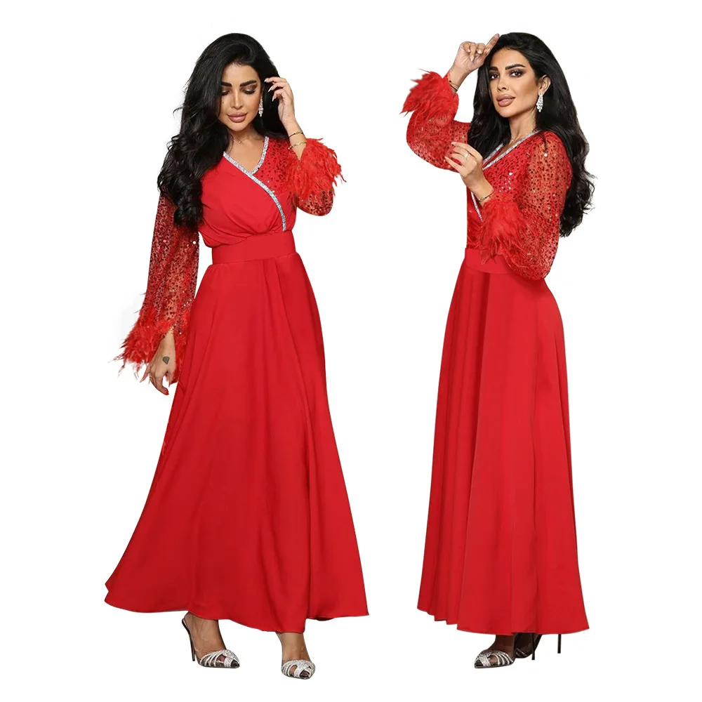 Muslim Middle East Dubai Arabian Women's Clothing Sequin Splicing Strip Feather Robe Dress Abaya