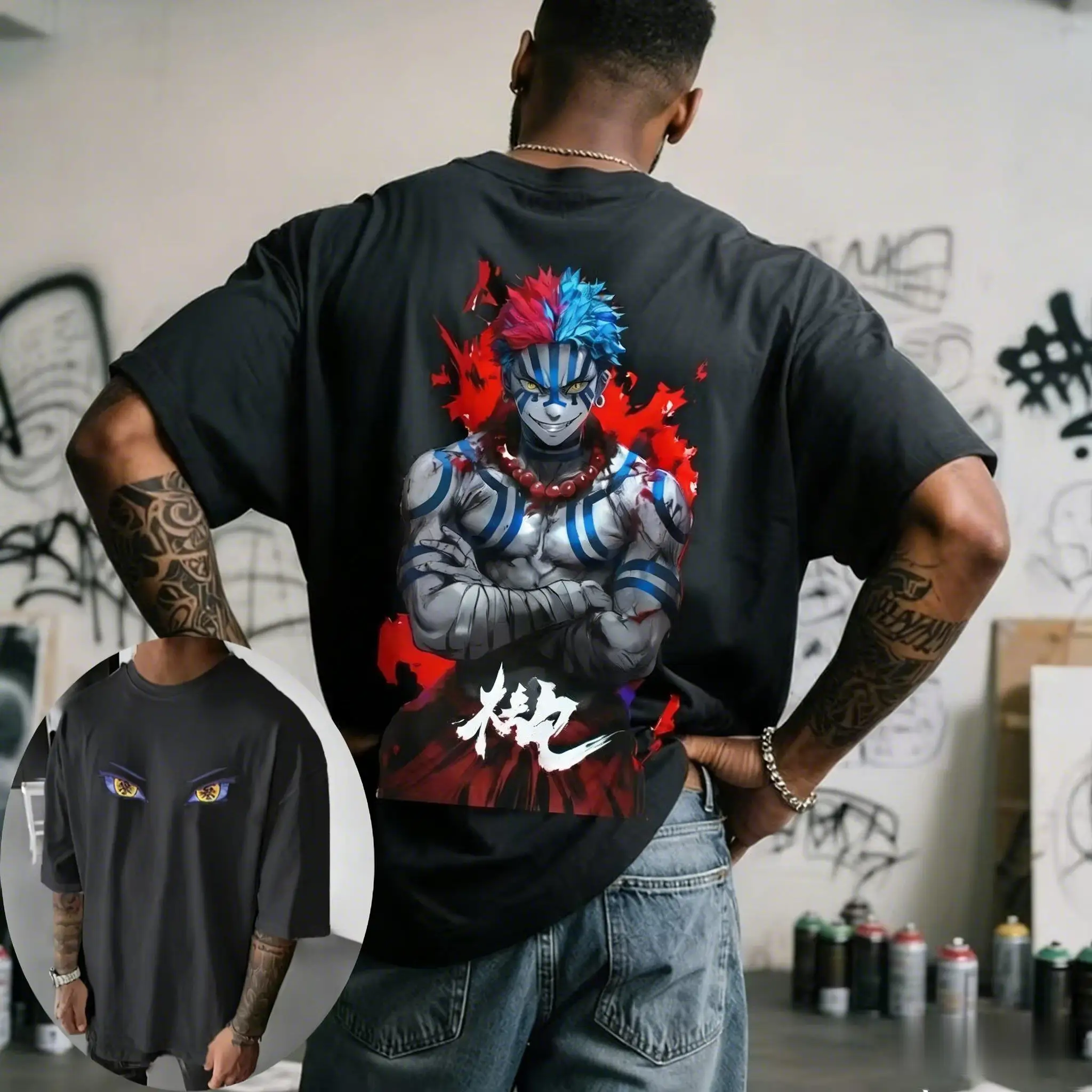 شيطان القاتل أكازا أنيمي تي شيرت الرجال النساء 2026 صيف جديد المتضخم عادية كم قصير بلايز الشارع الشهير الجرافيك المحملة Y2k الملابس #3
