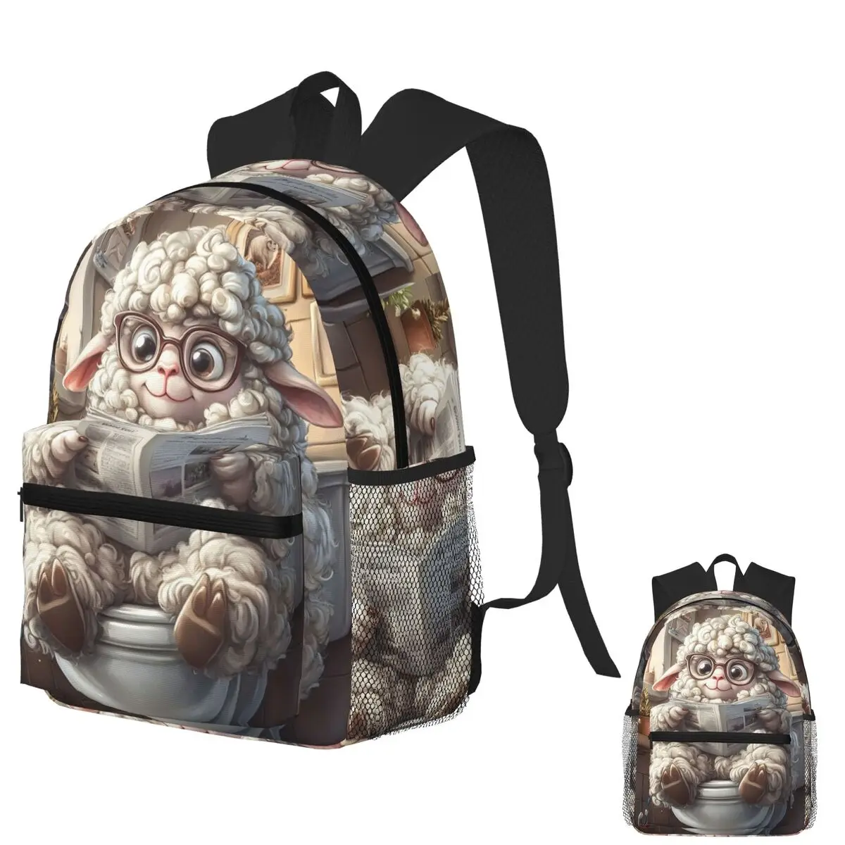 

Animal Toilet Fluffy Sheep Wearing Glasses Reading Newspaper Bathroom Scene Backpack School Bag Daypack Bookbag Shoulder Bags