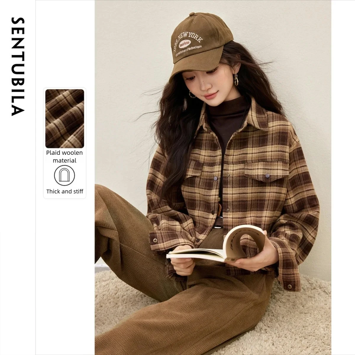 

SENTUBILA Plaid Shirt Women 2025 Fall New Short Jacket Fashion Casual Sleeve Straight Lapel Coat Ladies Outerwear 154WB4861