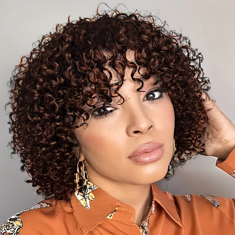 

Парик из натуральных волос для женщин, короткий, с эффектом водной волны, боб с челкой, кудрявый, для повседневной носки, машинной работы