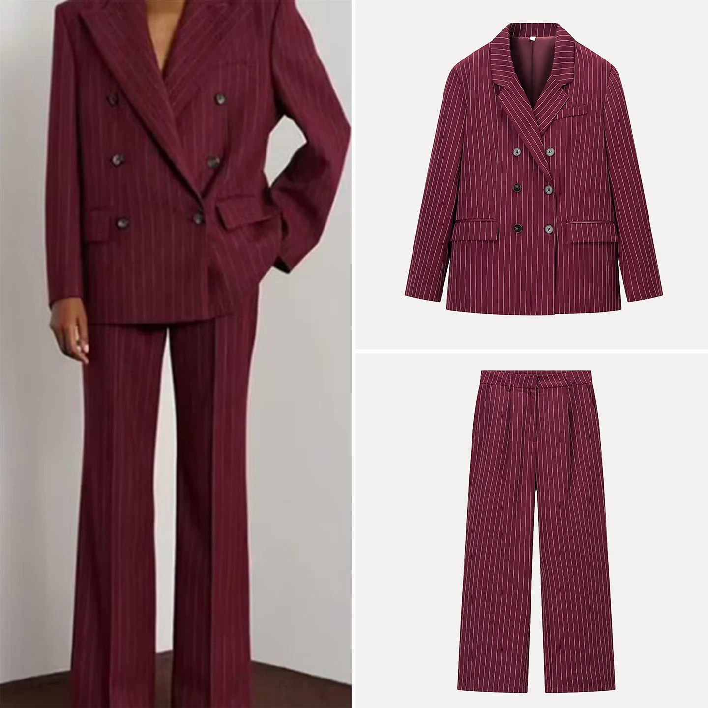 

Модный полосатый костюмный комплект для женщин: брюки и пиджак с длинным рукавом, стандартная длина, для офиса, на все сезоны, осень 2025