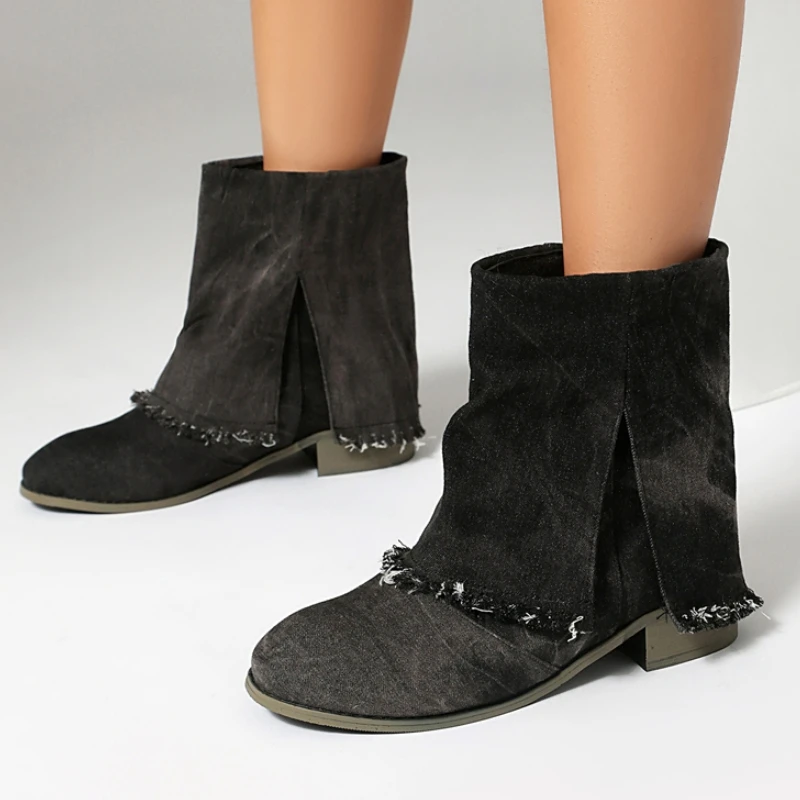 

Large Size 48 Women's Ankle Boots Winter Autumn Shoes 2025 Black Blue Jeans Short Boot Turned-over Edge Footwear Shoes Ladies