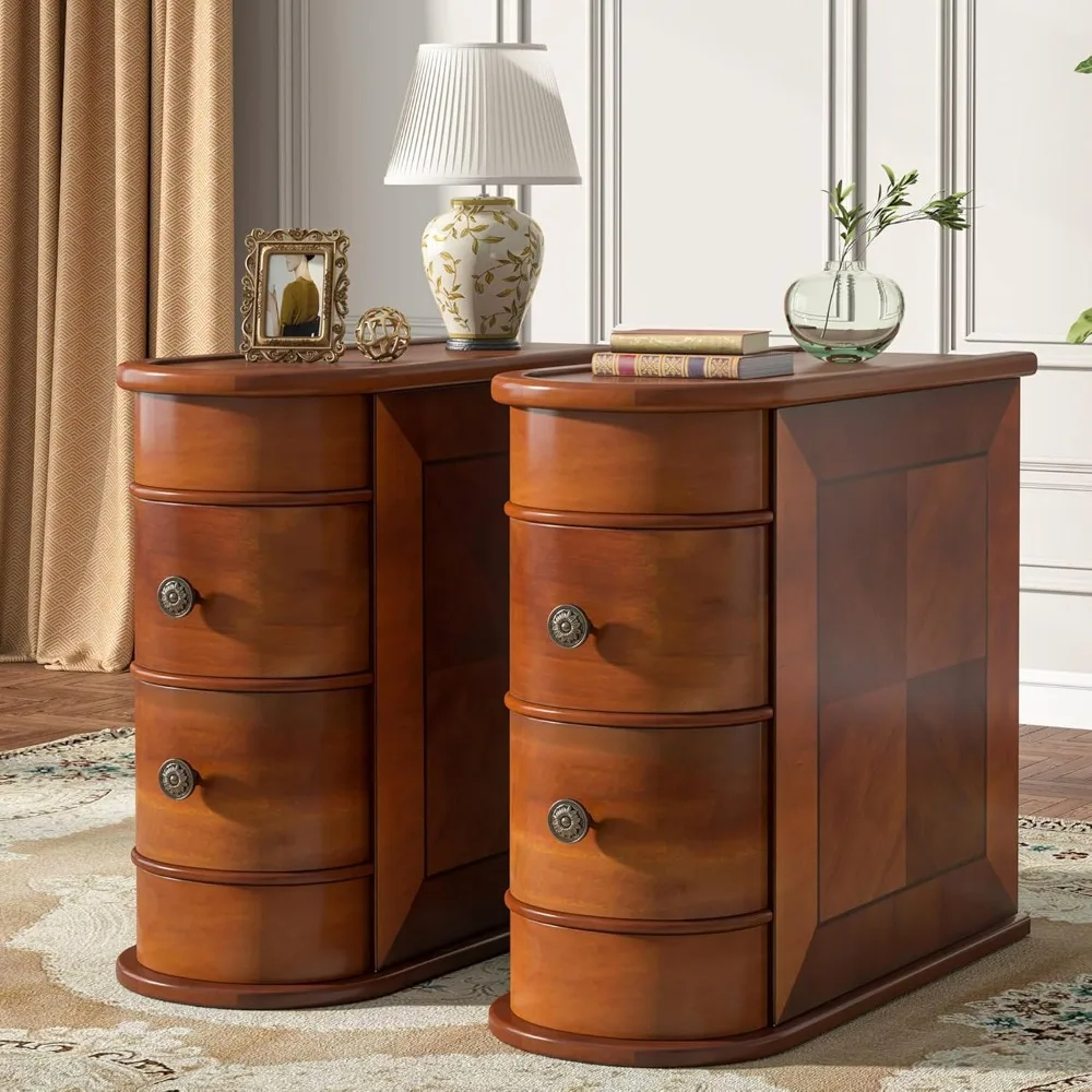 Wood End Table Set of 2, Narrow Solid Side Table 2-Drawer Slim Chair Side Table, No Assembly Required, Finished Back, Walnut.