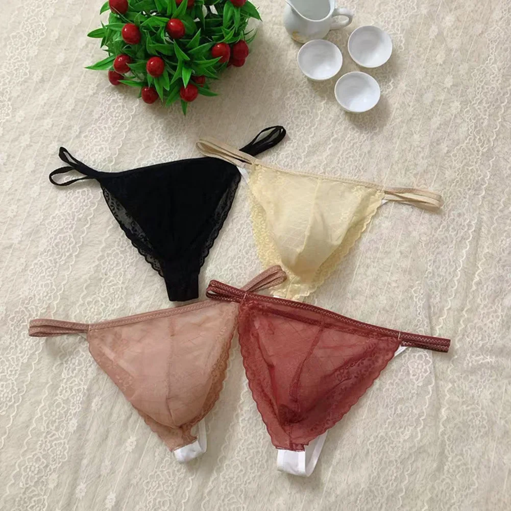 Men's Sexy Lace Thong Seamless Transparent Underwear U Convex Pouch Panties See Through Lingerie Crossdressing Sissy Underpants