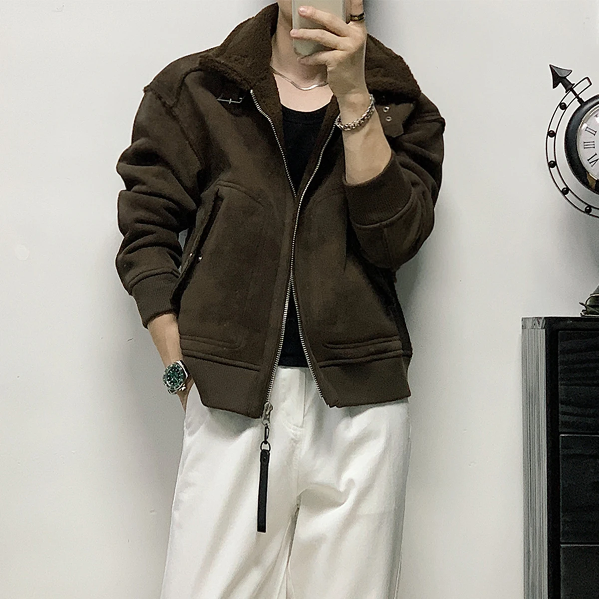 

Men's Suede Jaet Fce Lined Warm Versatile Sli Korean Sle Autumn Winter New Arrival Casual Chic Brand Outerwear