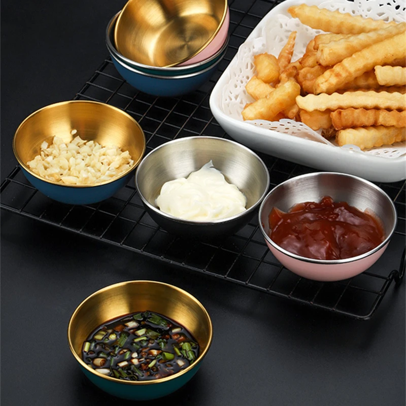 Round Small Sauce Dish Stainless Steel Seasoning Plates Dipping Bowl Appetizer Serving Tray Vinegar Soy Saucer Kitchen Tableware