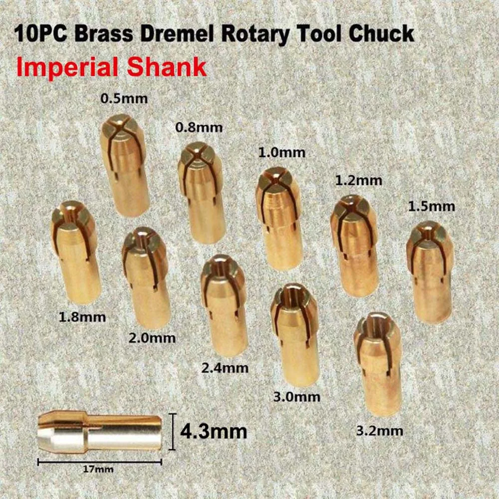 TASP 10pcs Brass Rotary Tool Collet Mini Drill Chuck Set 0.5/0.8/1.0/1.2/1.5/1.8/2.0/2.4/3.0/3.2mm Power Tools Accessories