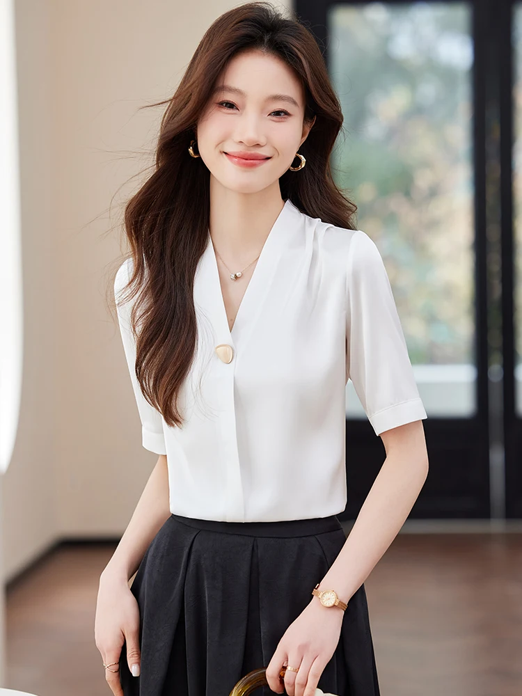 

White Chiffon Short Sleeve Shirt Women's V-neck Inner Wear Formal Set Lightweight Summer New Arrival Elegant Commute Style