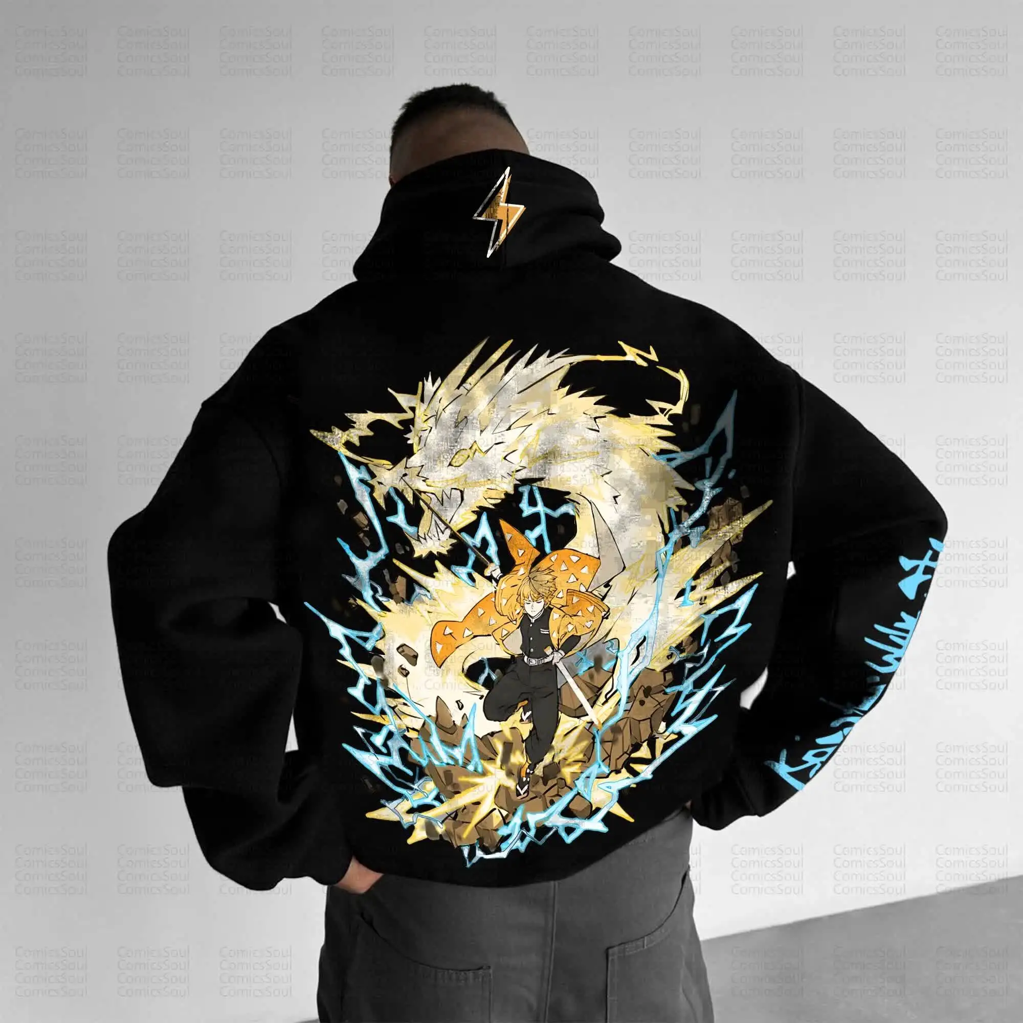

Комплект толстовок с капюшоном Demon Slayer Kimetsu No Yaiba, черный пуловер с персонажем Zenitsu Agatsuma и желтой молнией, дизайн сзади, принт