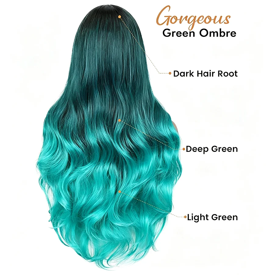 26inch Black Roots Turquoise Teal Ombre Long Body Wave Synthetic Wig Middle Part Heat Resistant  Full Hair Wigs For Women Daily