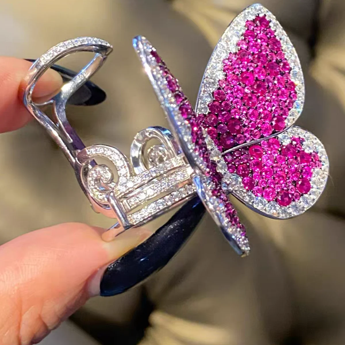 

KQDANCE Wing Can Move Real 925 Sterling Silver Luxury Green Blue Pink Butterfly Cocktail Rings Woman Luxury Party Fine Jewelry