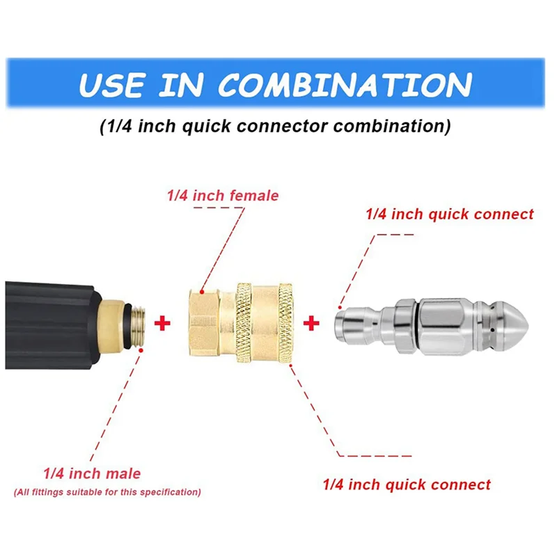 

AB35-4Pc 5000PSI Sewer Jet Nozzle With Pressure Washer Coupler, Brass Fittings Quick Connector,1/4 Inch Connect To Female NPT