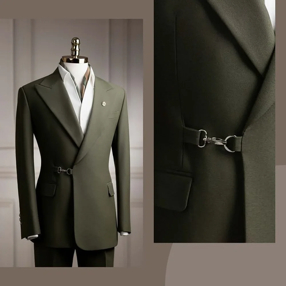 Modern Men Army Green Suit Distinctive Placket Design Metal Buckle Strap 2Pieces Jacket+Pants Wedding Formal Blazer Groom Outfit