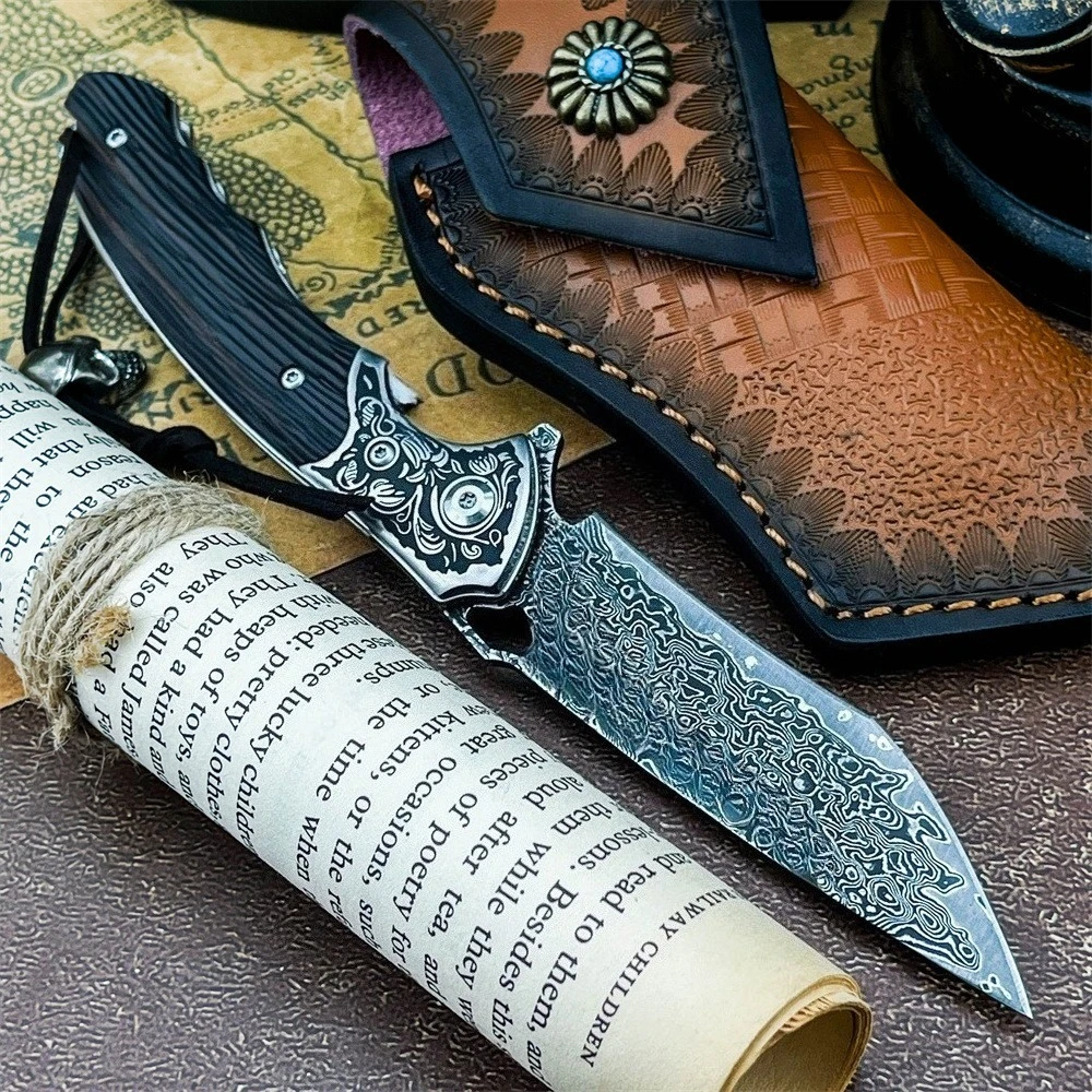 عالية الجودة التكتيكية سكين للفرد دمشق شفرة فولاذية خشب الأبنوس مقبض في الهواء الطلق التخييم الصيد الغابة الصيد أداة القطع